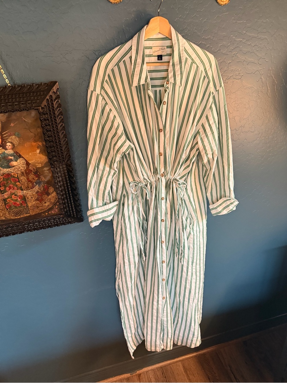 Universal Thread Green Stripe Shirt Dress XL Midi Button Front Tie Waist Casual - Picture 2 of 4